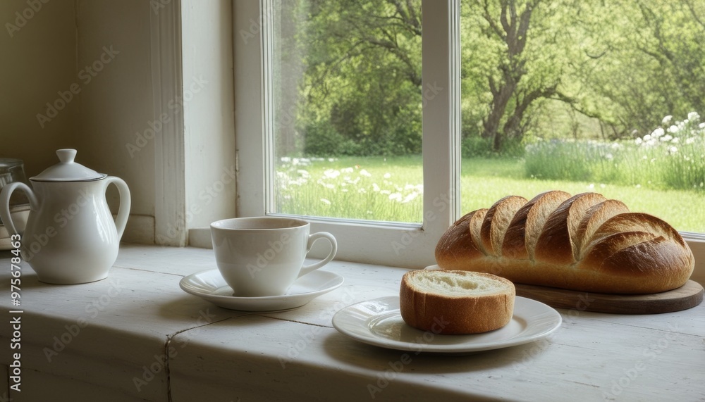 A serene morning setup with a freshly sliced loaf of bread and a steaming cup of tea on a windowsill, overlooking a lush garden. Sunlight filters through the window, enhancing the cozy ambiance of A serene morning setup with a freshly sliced loaf of bread and a steaming cup of tea on a windowsill, overlooking a lush garden. Sunlight filters through the window, enhancing the cozy ambiance of