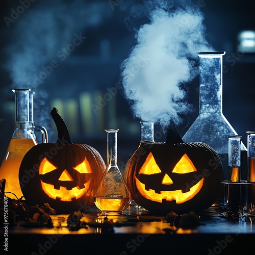 A spooky lab filled with jack-o'-lanterns and bubbling beakers, Halloween theme, science nerds, eerie atmosphere, isolated on white background