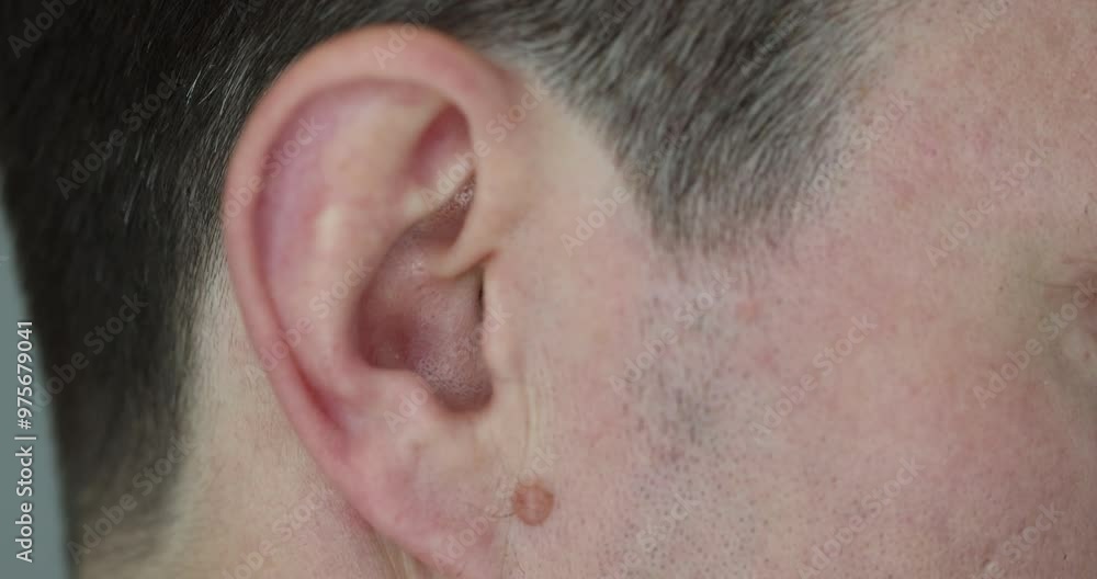 Ear of man patient with pimple during appointment in private clinic. Male awaits for treatment suffering from painful symptoms due to inflammation Ear of man patient with pimple during appointment in private clinic. Male awaits for treatment suffering from painful symptoms due to inflammation