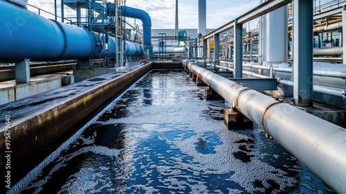 A sewage treatment plant with pipes and tanks.