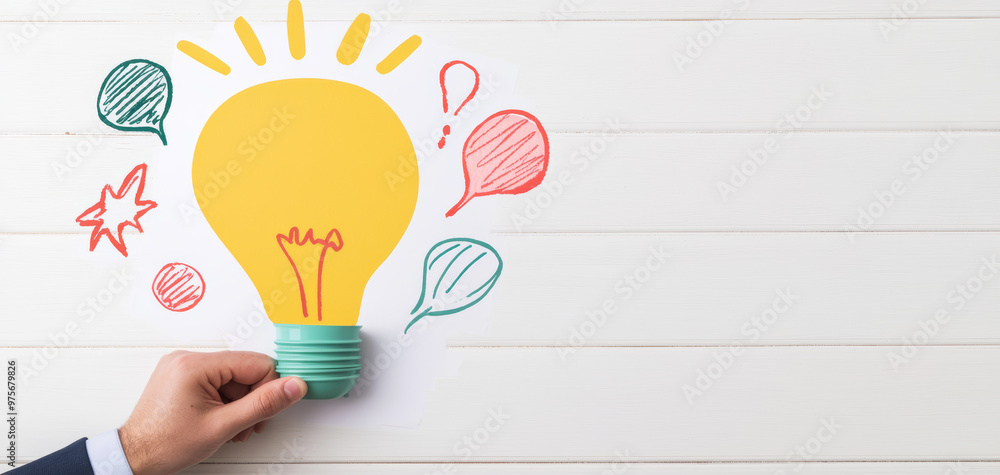 Hand holding puncher over paper with icons of ideas, creativity shines bright Hand holding puncher over paper with icons of ideas, creativity shines bright
