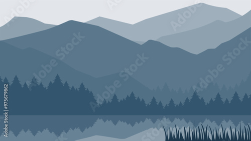 Landscape illustration of mountain with lake and coniferous trees
