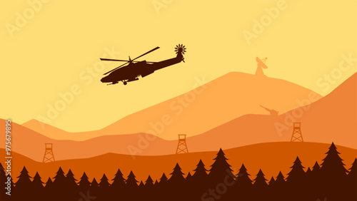 Landscape illustration of military helicopter flying above the forest