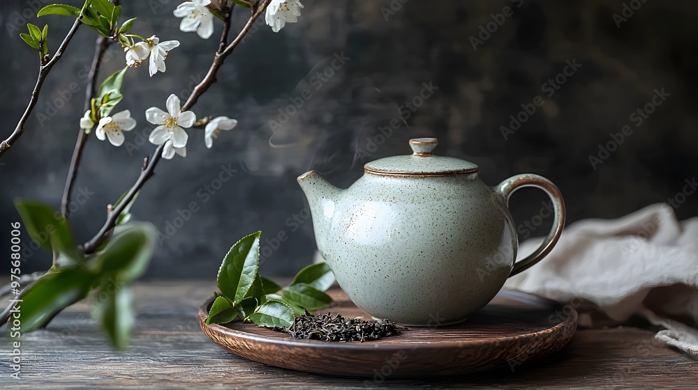 Elegant Ceramic Teapot with Floral Branch on Wooden Tray Elegant Ceramic Teapot with Floral Branch on Wooden Tray