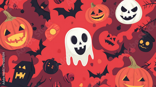 Vector illustration of a cute cartoon ghost pumpkins and bats on a red background with Halloween elements photo