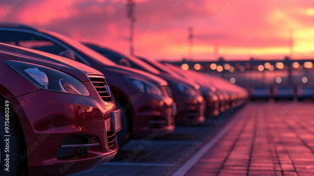 Fototapeta premium Several cars are neatly parked in a parking lot during sunset hours