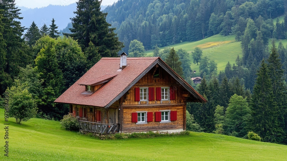 A traditional Swiss chalet with a red roof and shutters. A traditional Swiss chalet with a red roof and shutters.