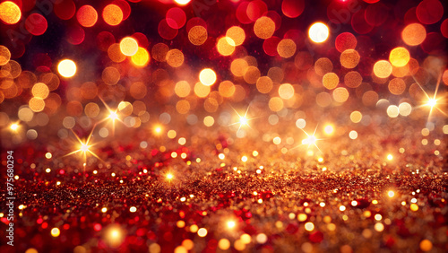 Christmas background with shimmering red glitter and golden lights in bokeh effect, joyful and festive look