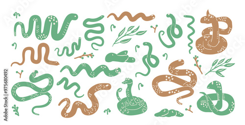 Set of snakes. Crawling reptile kit. Vector hand drawn flat collection illustration isolated on white background.