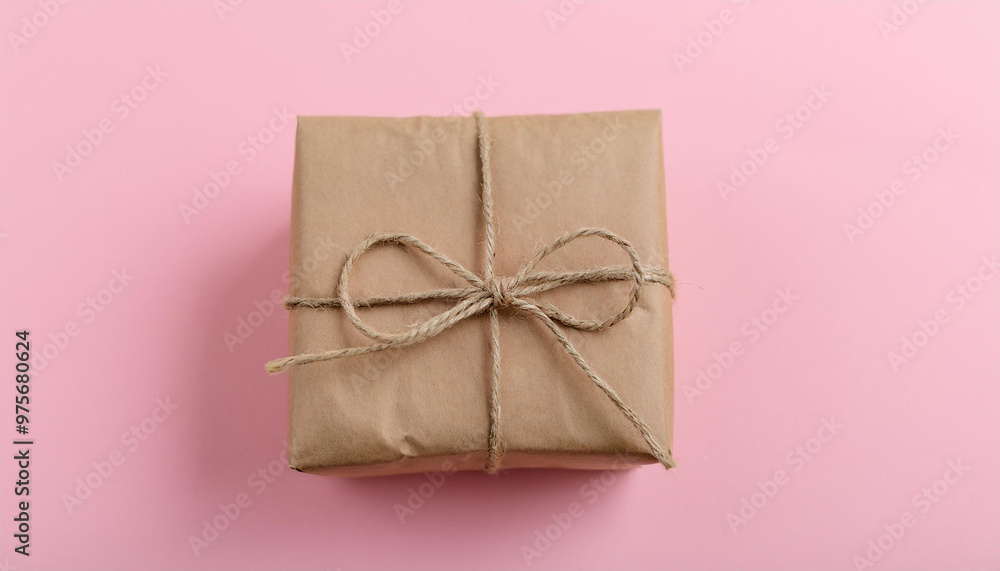 Small package or parcel in brown craft paper tied with jute rope. Eco-friendly. Pink backdrop. Small package or parcel in brown craft paper tied with jute rope. Eco-friendly. Pink backdrop.