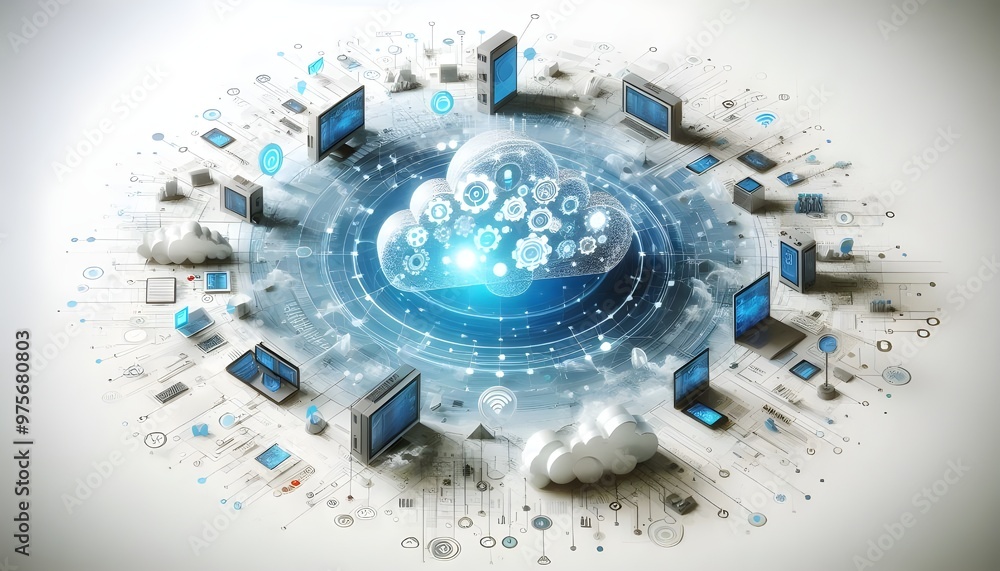 Fototapeta premium Abstract digital concept of cloud computing with connected devices, in a futuristic style against a white background. 3D Rendering