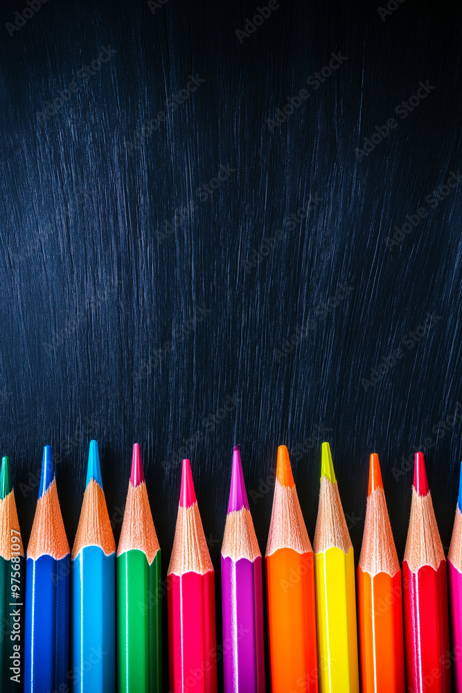 Colorful pencils in front of a blank blackboard. Back to school concept. Education banner Colorful pencils in front of a blank blackboard. Back to school concept. Education banner