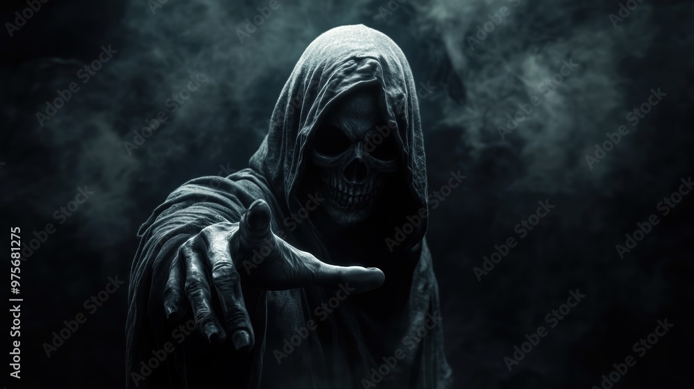 The grim reaper reaching towards the camera over black background The grim reaper reaching towards the camera over black background