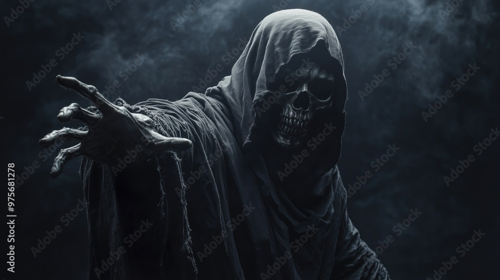 The grim reaper reaching towards the camera over black background The grim reaper reaching towards the camera over black background