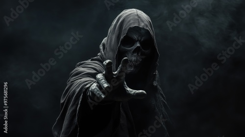 The grim reaper reaching towards the camera over black background