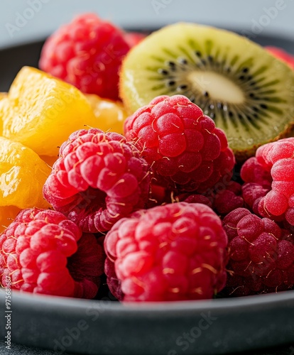 A bowl filled with fresh raspberries, kiwi slices, and orange pieces, showcasing a vibrant and healthy assortment of delicious fruits. photo