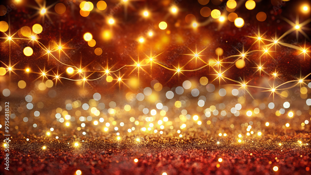 Christmas background with red glitter and golden string lights, festive and cozy vibe Christmas background with red glitter and golden string lights, festive and cozy vibe