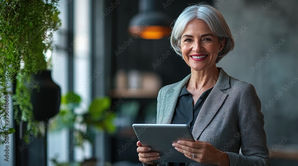 A senior businesswoman holding a tablet, smiling confidently while standing in a stylish modern office setting A senior businesswoman holding a tablet, smiling confidently while standing in a stylish modern office setting