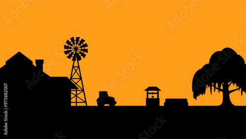 Landscape illustration of farmhouse silhouette and windmill