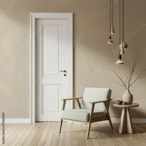 an interior design scene with minimalist style, a beige wall with white wooden door, a light green armchair on wooden floor, a wooden side table with vase and dried branches, pendant lamps hanging fro