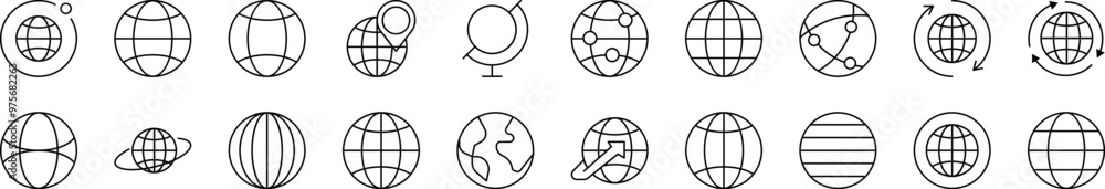 Globe Outline Web Line Icons Collection. Editable Stroke. Minimalistic Linear Pictogram for Design of Cards, Apps, Banners, Posts Globe Outline Web Line Icons Collection. Editable Stroke. Minimalistic Linear Pictogram for Design of Cards, Apps, Banners, Posts