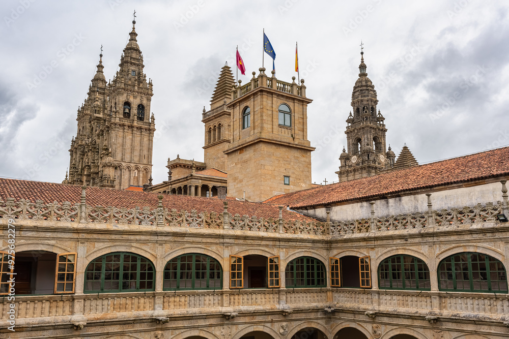 Naklejka premium Cloister of the University of Santiago de Compostela with the towers of the cathedral looking behind it, Galicia.