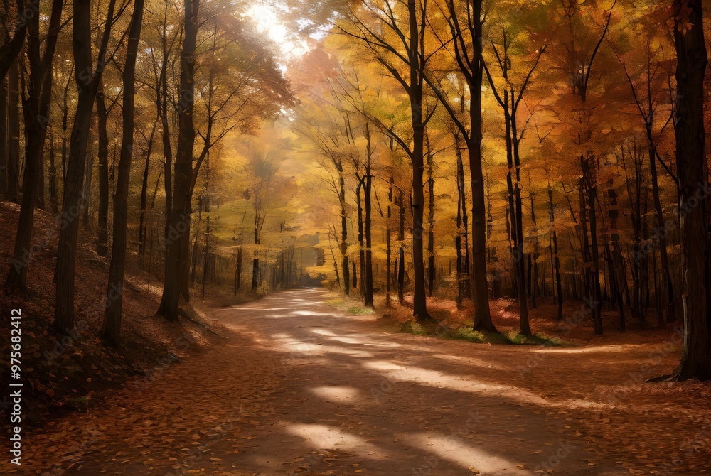 Obraz premium 秋の紅葉した美しい山道の風景、森林の風景