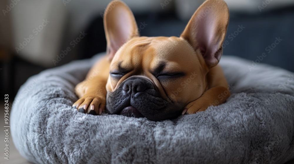 French bulldog puppy sleeping peacefully on a cozy dog bed, indoor close-up. Cuteness and comfort concept French bulldog puppy sleeping peacefully on a cozy dog bed, indoor close-up. Cuteness and comfort concept