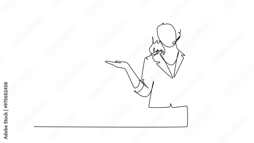 Self drawing animation of single line draw of attractive female consultant standing and giving speech to audience at the office. Public speaker presentation. Continuous line draw. Full length animated Self drawing animation of single line draw of attractive female consultant standing and giving speech to audience at the office. Public speaker presentation. Continuous line draw. Full length animated