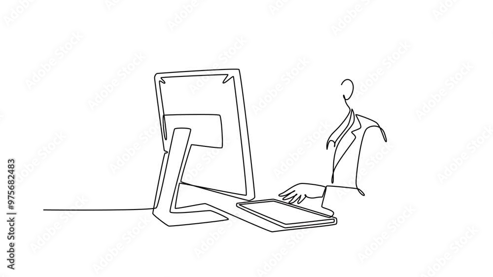 Animated self drawing of continuous line draw of young confused call center worker answering phone call from talkative customer in front laptop. Help desk center care. Full length one line animation Animated self drawing of continuous line draw of young confused call center worker answering phone call from talkative customer in front laptop. Help desk center care. Full length one line animation
