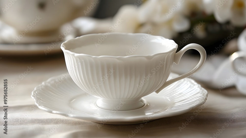 135. A delicate white porcelain teacup with fine details 135. A delicate white porcelain teacup with fine details