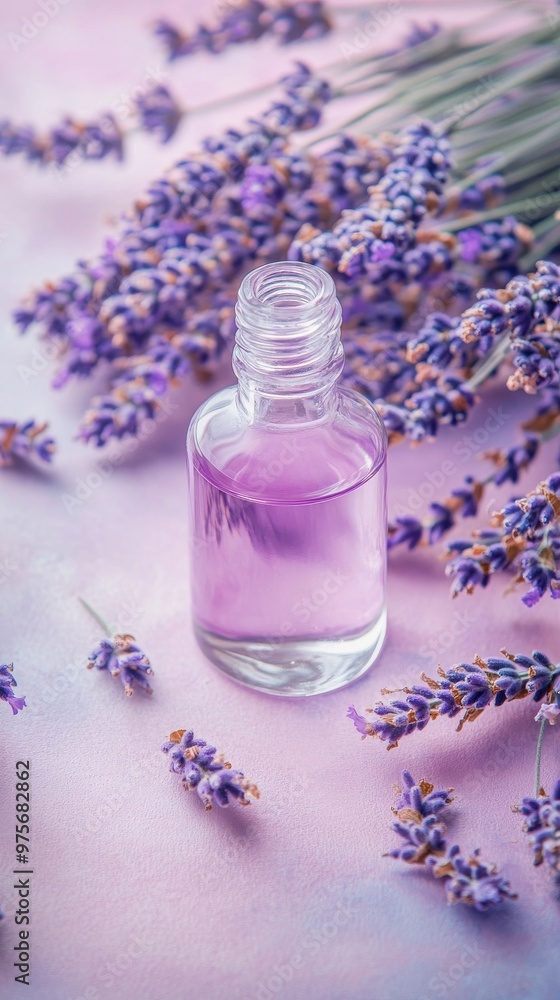 Lavender essential oil bottle with fresh lavender flowers on pastel background, aromatherapy concept Lavender essential oil bottle with fresh lavender flowers on pastel background, aromatherapy concept