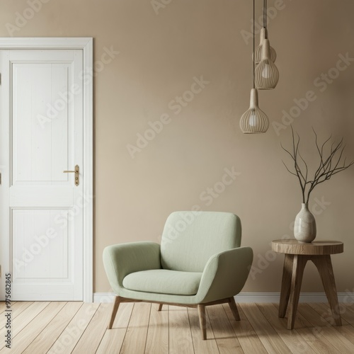 an interior design scene with minimalist style, a beige wall with white wooden door, a light green armchair on wooden floor, a wooden side table with vase and dried branches, pendant lamps hanging fro