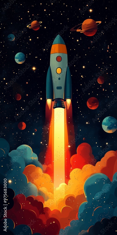 Illustration of a rocket launching into space amidst colorful planets and stars. Illustration of a rocket launching into space amidst colorful planets and stars.
