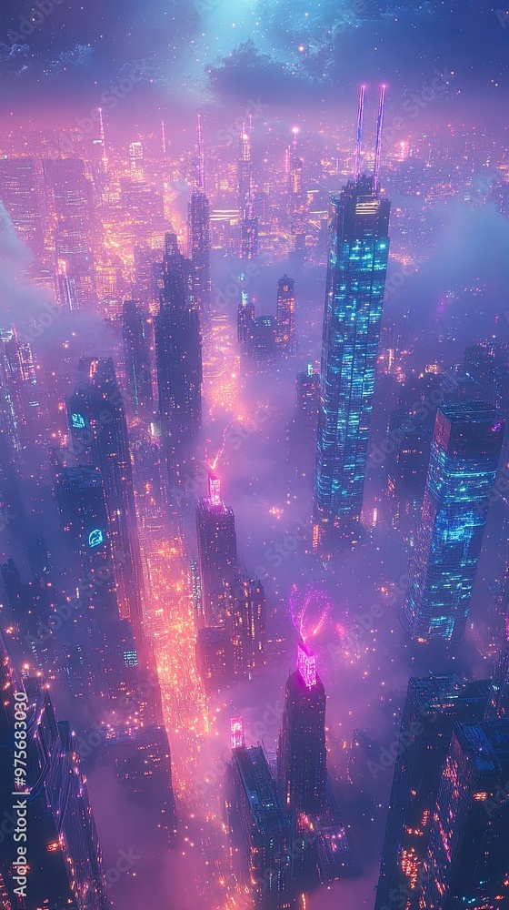 Fototapeta premium A cityscape with neon lights and a purple sky