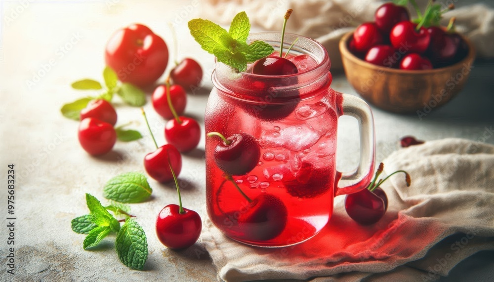 A glass jar filled with a vibrant red cherry beverage, freshly picked cherries scattered around, garnished with mint leaves on a rustic light background, summer refreshment, juice dripping down the si A glass jar filled with a vibrant red cherry beverage, freshly picked cherries scattered around, garnished with mint leaves on a rustic light background, summer refreshment, juice dripping down the si