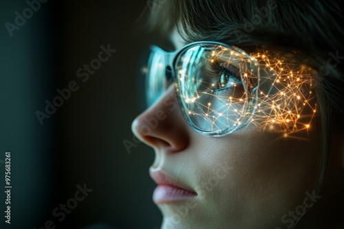 A futuristic woman with glowing tech glasses displaying neural patterns symbolizing innovation advanced technology and the future of human computer interaction