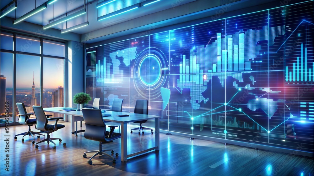 Futuristic office filled with holographic business charts, data streams, and creative designs, high-tech business, future of business innovation Futuristic office filled with holographic business charts, data streams, and creative designs, high-tech business, future of business innovation