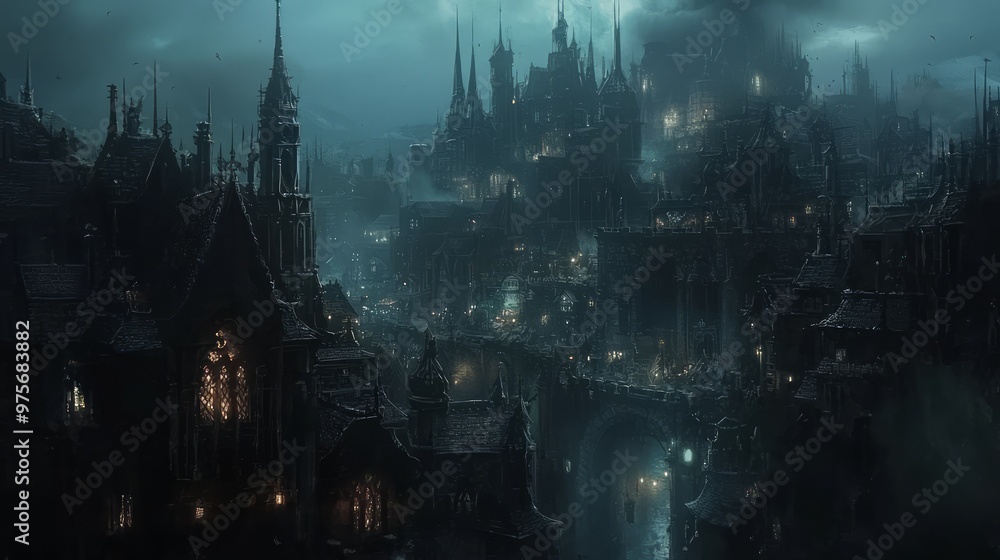 Mystical Dark Elf City at Twilight - Enchanting Architecture and Silent Figures Roaming Shadows of Nightfall Mystical Dark Elf City at Twilight - Enchanting Architecture and Silent Figures Roaming Shadows of Nightfall