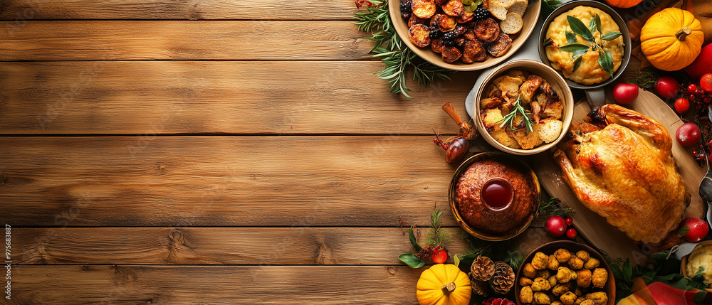 Festive autumn composition from pumpkins andcolorful leaves on a wooden background. Thanksgiving day. Copy space for banner. Festive autumn composition from pumpkins andcolorful leaves on a wooden background. Thanksgiving day. Copy space for banner.