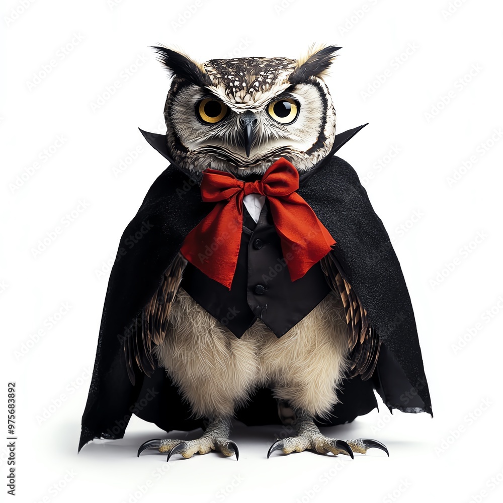 Fototapeta premium An owl dressed as a vampire, Halloween theme, dark and mysterious, isolated on white background