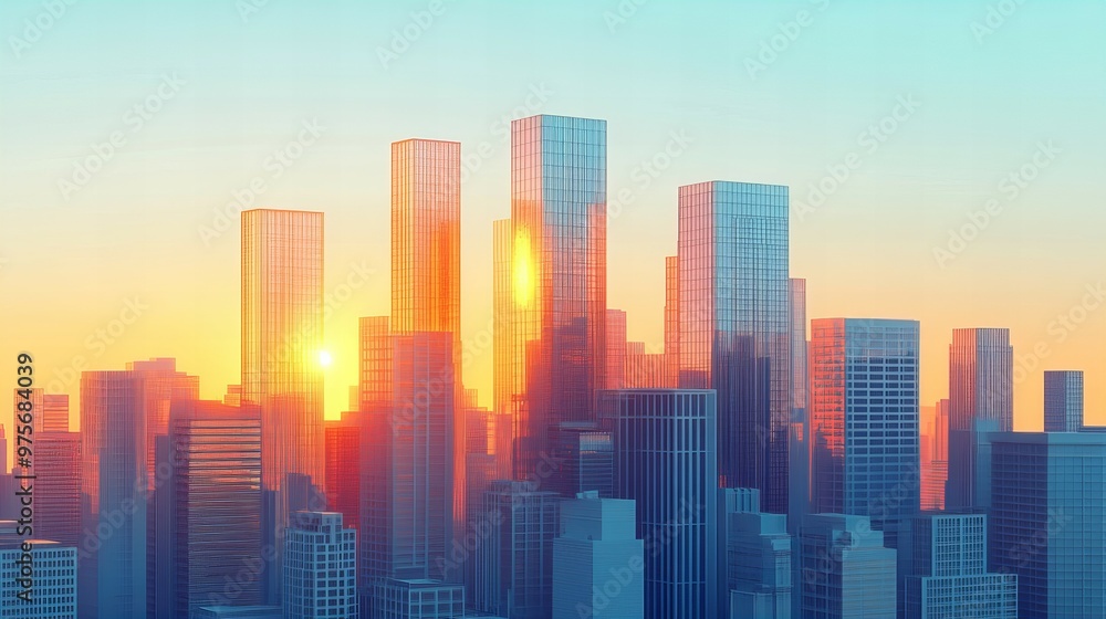 Obraz premium Bright modern city skyline silhouette against a radiant sky at sunrise new beautiful stock image illustration AI