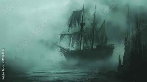 Wallpaper Mural Haunting Ghost Ship Gliding Through Eerie Foggy Waters with Phantoms Aboard Torontodigital.ca
