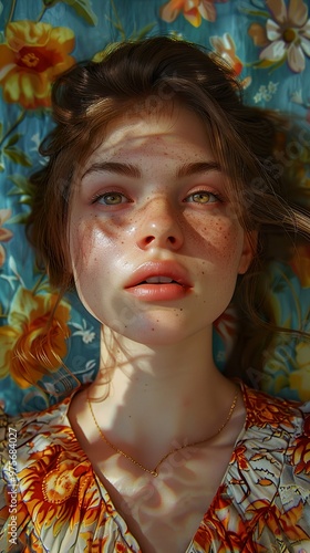 Portrait of a Woman with Freckles in Sunlit Floral Dress