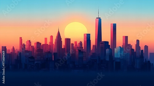 Bright modern city skyline silhouette against a radiant sky at sunrise new beautiful stock image illustration AI