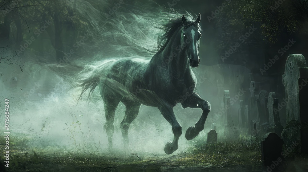 Eerie Spectral Horse Galloping in Misty Graveyard with Flowing Mane and Glowing Eyes Eerie Spectral Horse Galloping in Misty Graveyard with Flowing Mane and Glowing Eyes