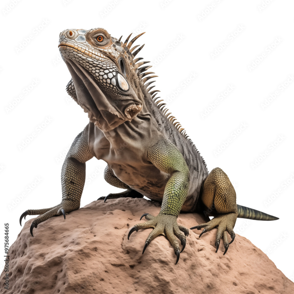 Majestic Green Iguana Sitting On A Rock With Spiky Scales On Its Back Majestic Green Iguana Sitting On A Rock With Spiky Scales On Its Back