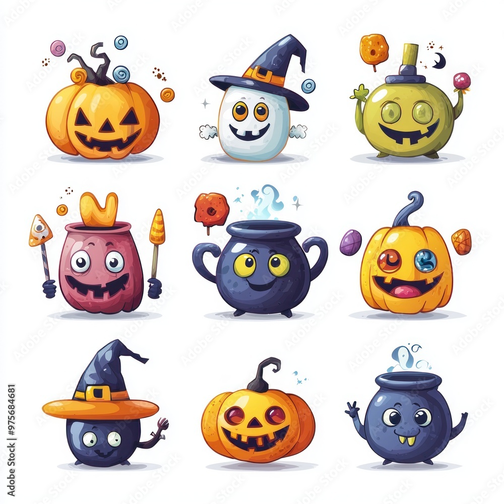Festive Halloween 2D Cartoon Icons on White Background for Seasonal Promotions and Projects Festive Halloween 2D Cartoon Icons on White Background for Seasonal Promotions and Projects