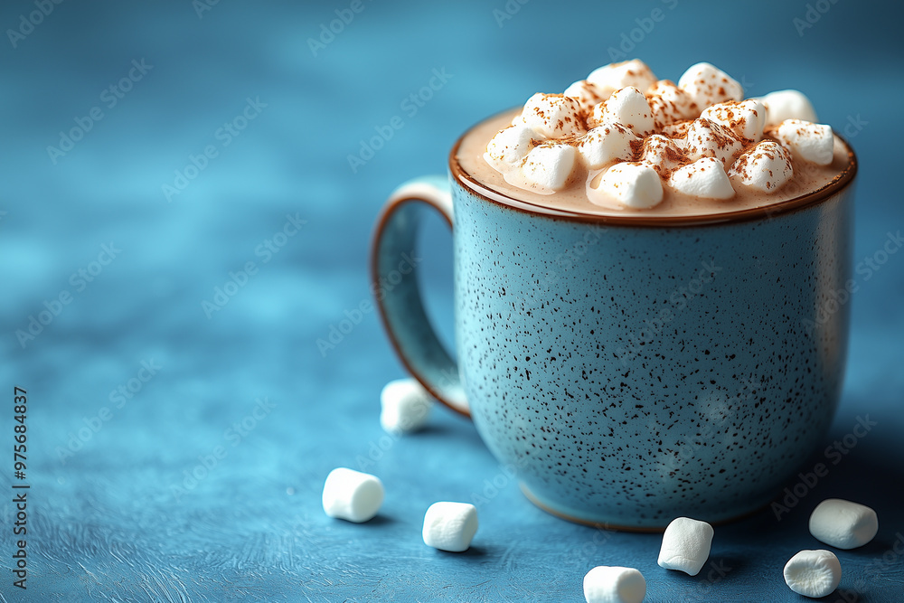 Glass mug with cocoa and marshmallows on a blue background. A popular winter drink. Christmas traditional food. Minimalism. Copy space. Glass mug with cocoa and marshmallows on a blue background. A popular winter drink. Christmas traditional food. Minimalism. Copy space.