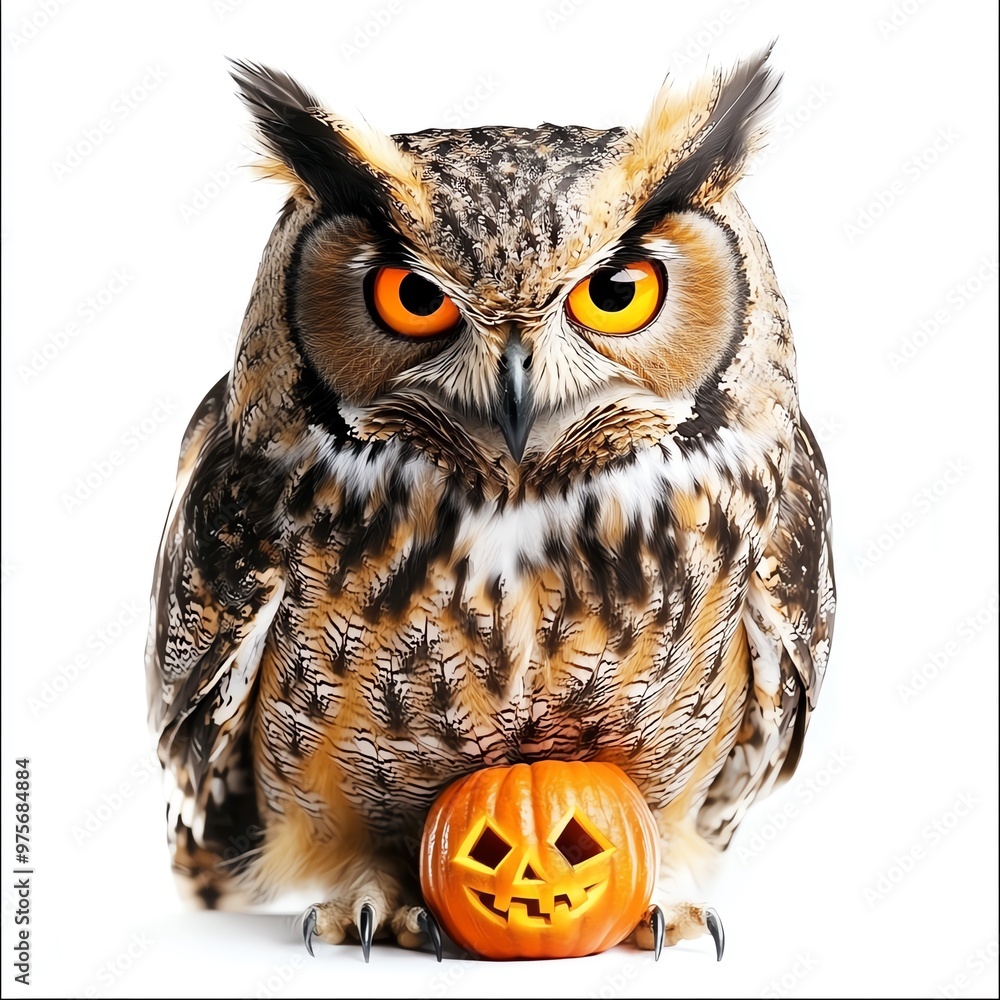 Fototapeta premium A spooky owl with a jack-o'-lantern beak, Halloween theme, eerie and creative, isolated on white background